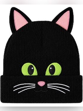 Black Cat Beanie with Ears Costume Hat for Womens Mens